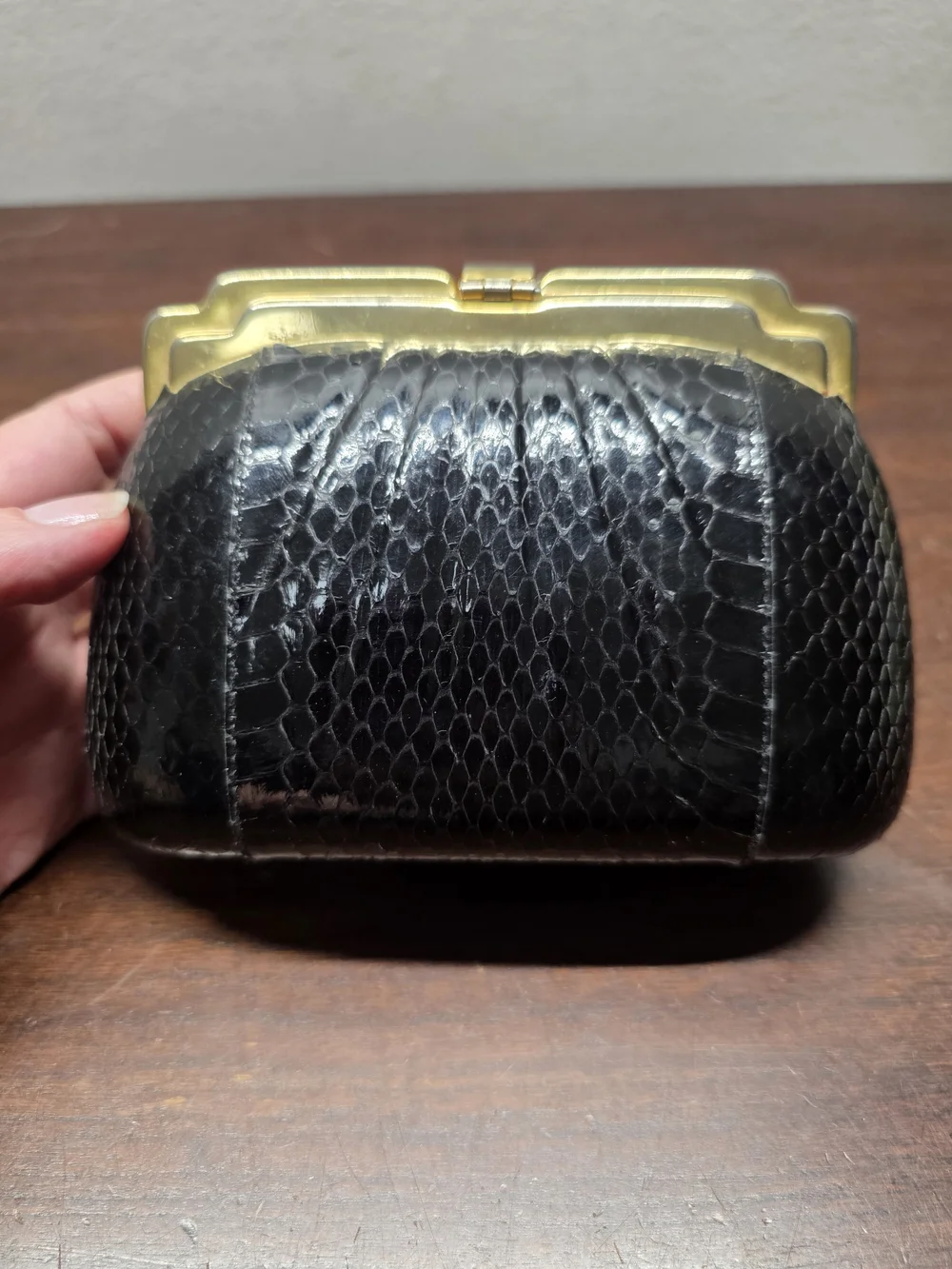Classic Black Faux Snakeskin Evening Clutch with Gold Frame